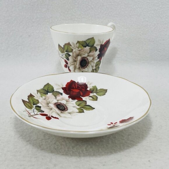 Vintage England Allyn Nelson Teacup Saucer Cup Set Red Rose White Flower Spring - Picture 7 of 10